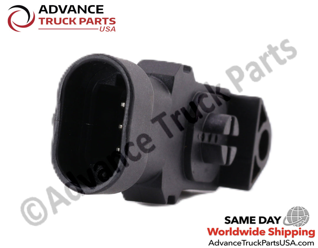 Advance Truck Parts USA branded studio close up angled perspective looking into the oval connector housing and 3-pin layout of the heavy-duty ambient air temperature sensor