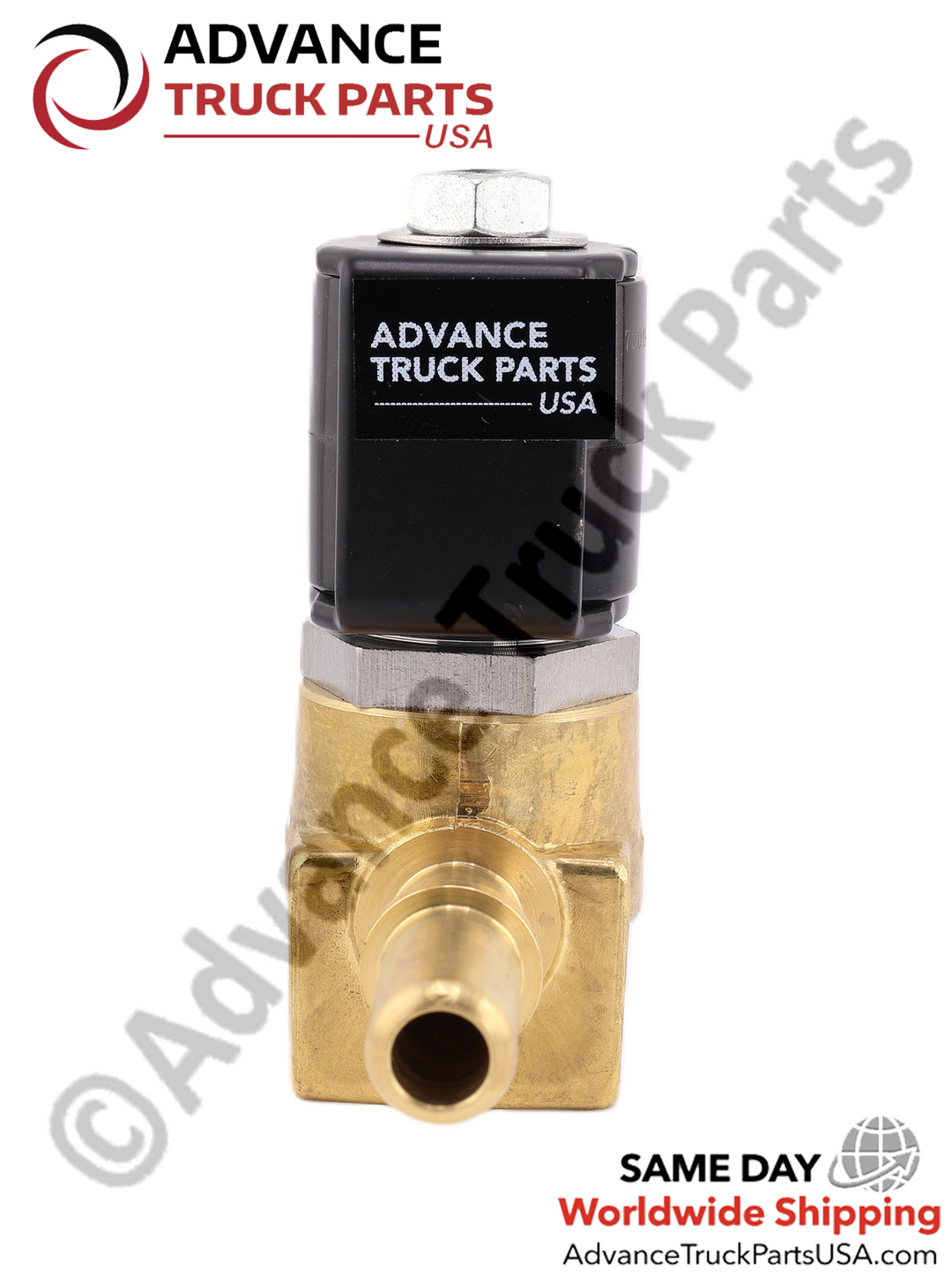 Advance Truck Parts USA branded studio front perspective displaying the protruding brass fluid port, top hex nut, and printed logo on the black solenoid body of the replacement engine coolant control valve