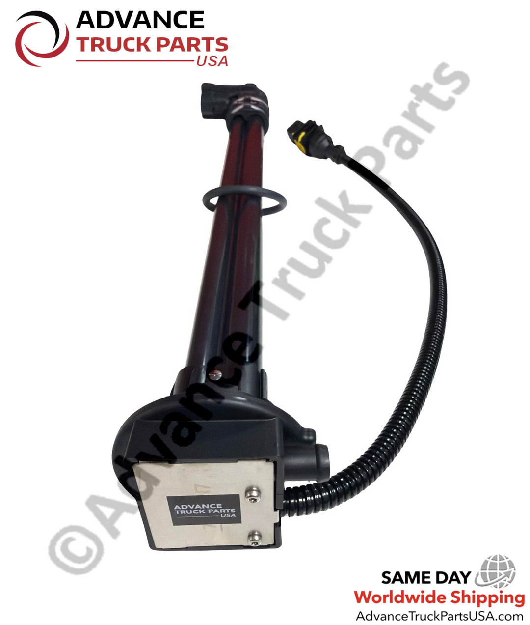 Advance Truck Parts USA branded studio angled perspective highlighting the rectangular metal base plate, bottom sensor module, black tubular body, and corrugated wire harness of the heavy-duty DEF quality sensor for commercial trucks