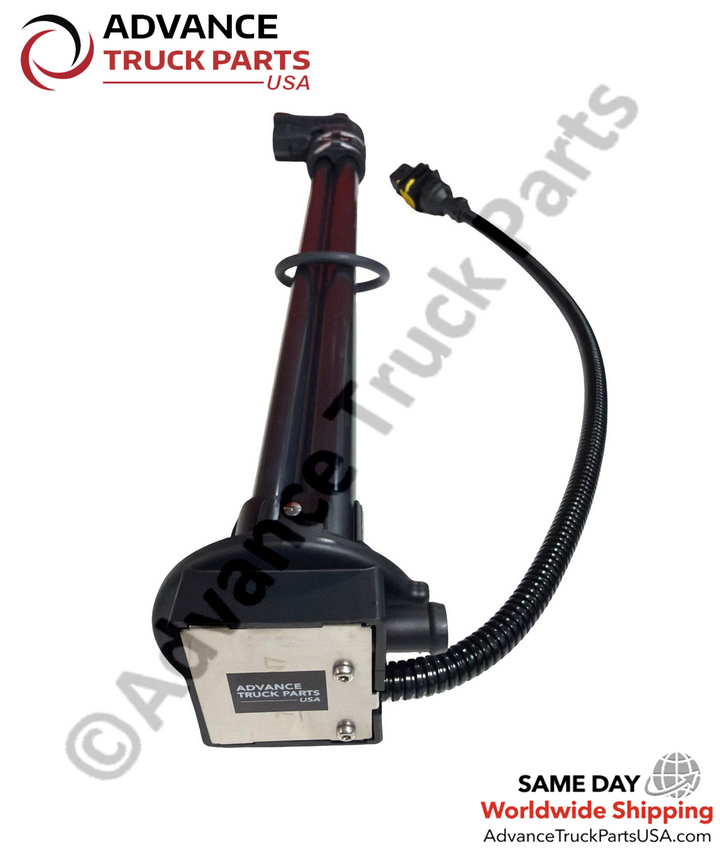 Advance Truck Parts USA branded studio angled perspective highlighting the rectangular metal base plate, bottom sensor module, black tubular body, and corrugated wire harness of the heavy-duty DEF quality sensor for commercial trucks