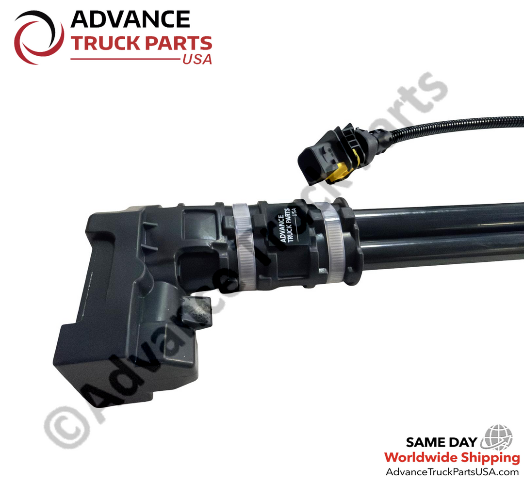 Advance Truck Parts USA branded studio horizontal side perspective showcasing the upper control housing and wiring harness plug of the heavy-duty DEF level sensor