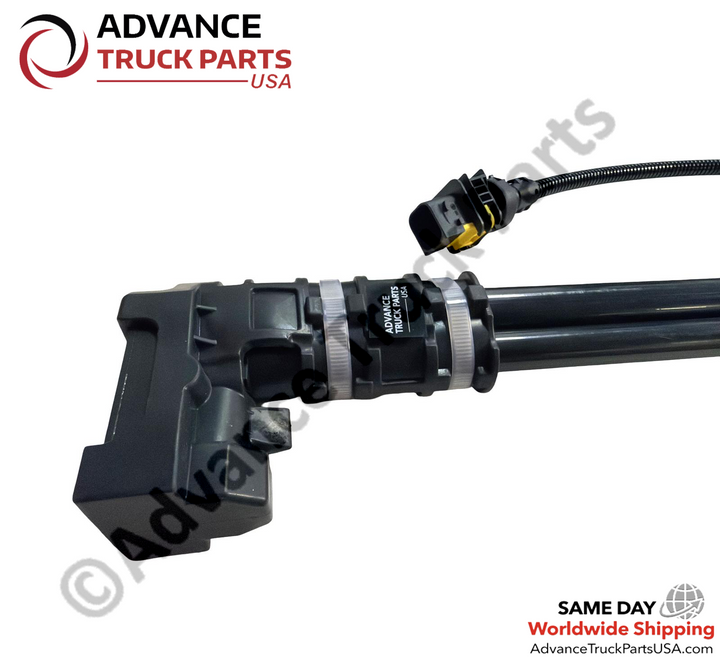 Advance Truck Parts USA branded studio horizontal side perspective showcasing the upper control housing and wiring harness plug of the heavy-duty DEF level sensor