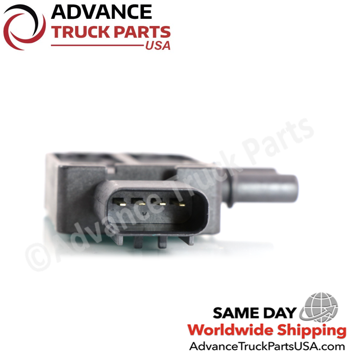 Advance Truck Parts USA branded studio close-up perspective featuring the 4-pin electrical socket and internal metal blade terminals of the replacement commercial truck exhaust gas differential pressure sensor