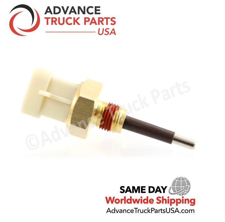Advance Truck Parts USA branded studio left side profile perspective of the heavy-duty low coolant sender sensor for Freightliner commercial trucks