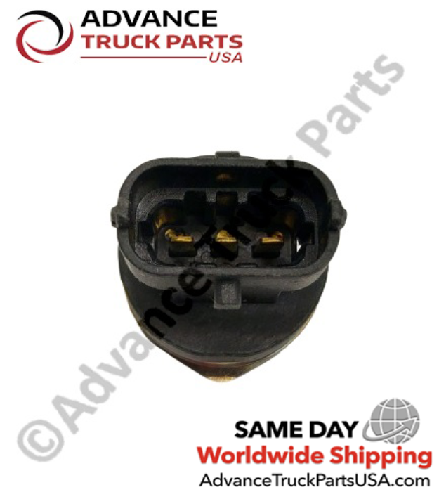 Advance Truck Parts USA branded studio top-down perspective displaying the replacement fuel rail pressure sensor featuring the black plastic electrical socket and three internal metallic contact pins