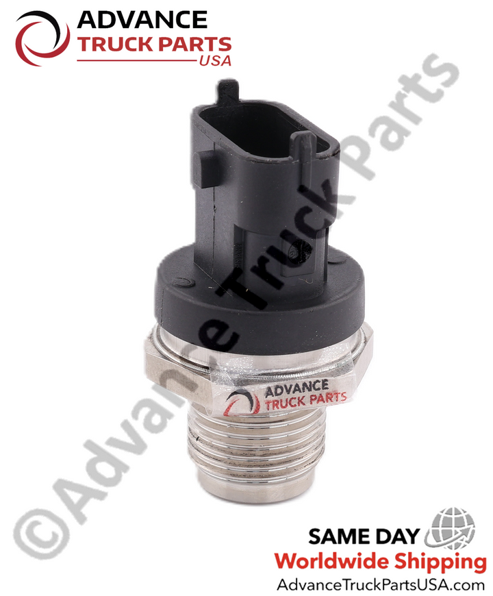 Advance Truck Parts USA branded studio angled vertical perspective showcasing the robust metallic threading, hex nut, and black connector housing of the replacement fuel rail pressure sensor