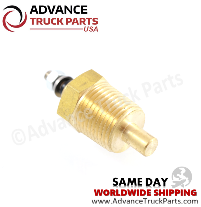 Advance Truck Parts USA branded studio right side angled perspective highlighting the brass probe of the heavy-duty temperature sender for commercial applications