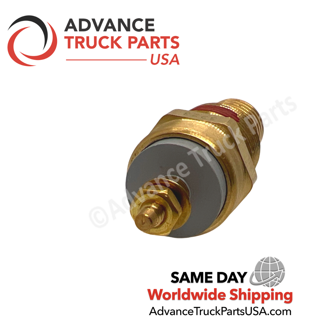 Advance Truck Parts USA branded studio angled top perspective displaying the replacement commercial temperature switch featuring the brass electrical terminal post, fastening nut, grey plastic insulator, and metallic hex housing