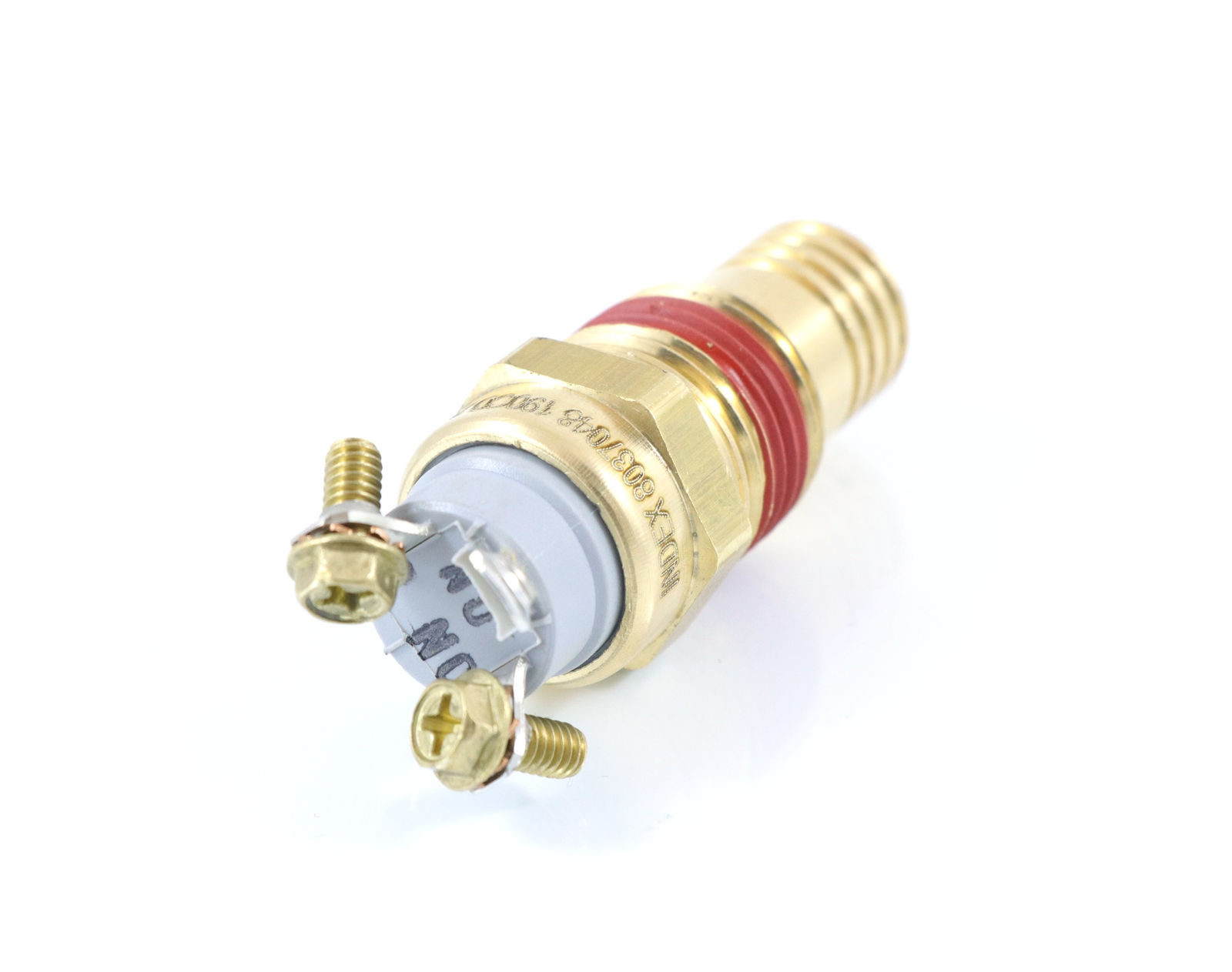 Horton 993617 ATP thermal fan switch with 190 degree rating, brass housing, and screw terminals on a plain background