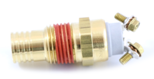 Index 8037045 185 deg F temperature control fan switch featuring a brass housing and screw terminals on a plain background