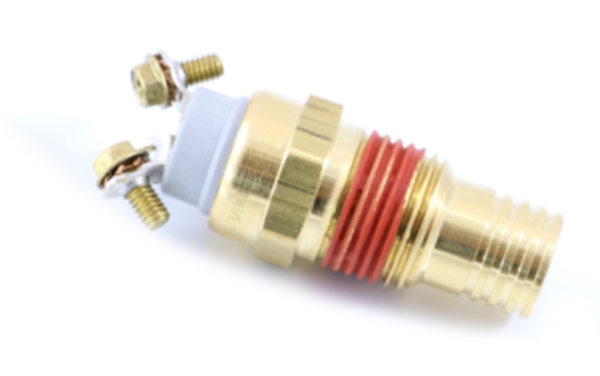 Advance Truck Parts USA Index 8037050 195 deg F thermal control fan switch featuring brass housing and screw terminals on a plain background