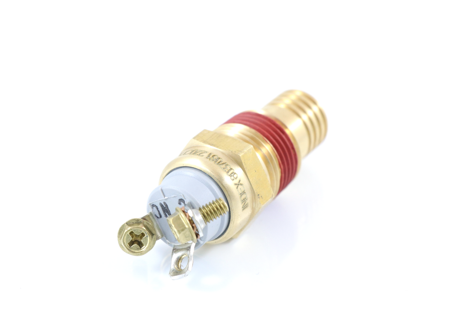 Advance Truck Parts USA Index 8037061 220°F temperature control fan switch showing the 8-32 threaded screw terminals and brass housing on a branded studio background