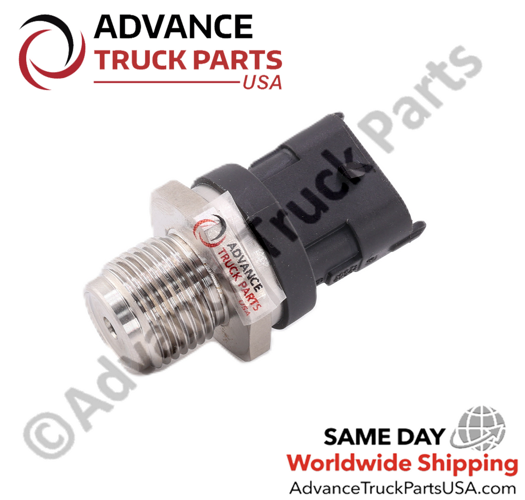 Advance Truck Parts USA branded studio angled horizontal perspective showing the hex nut base, protective tamper seal, and connector body of the heavy-duty fuel rail pressure sensor