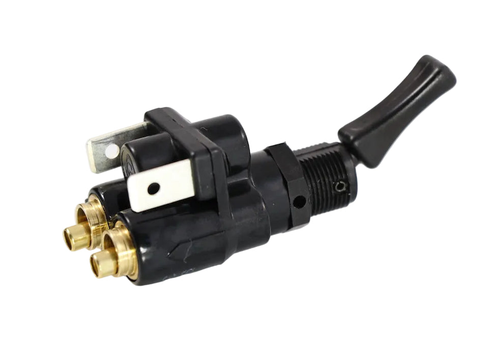 Advane Truck Parts USA K295 362 1 air electric toggle valve 401157 featuring push-connect air fittings and electrical terminal blades on a plain background