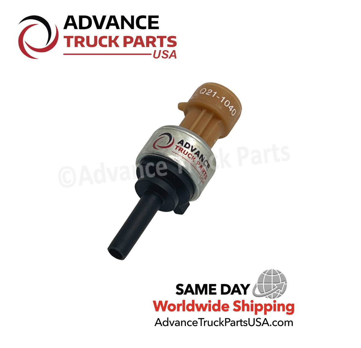 Advance Truck Parts USA Kenworth air pressure switch displaying an angled studio perspective highlighting the connector and sensor body on a branded background