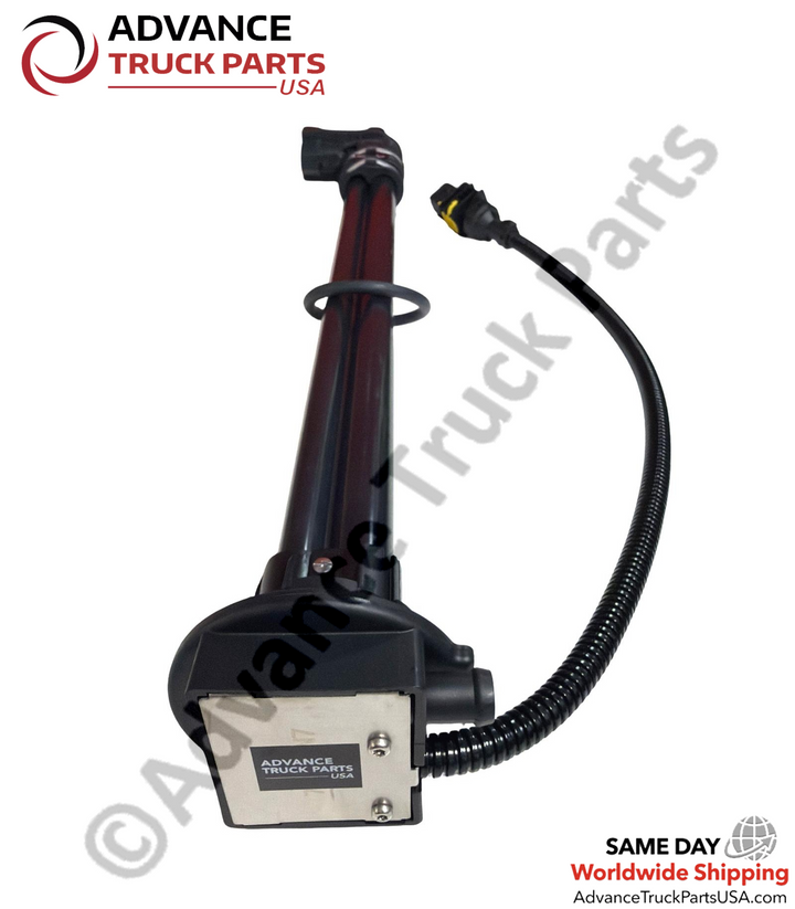 Advance Truck Parts USA branded studio bottom angled perspective highlighting the metal base plate of the heavy-duty DEF level and quality sensor for Kenworth and Peterbilt commercial trucks