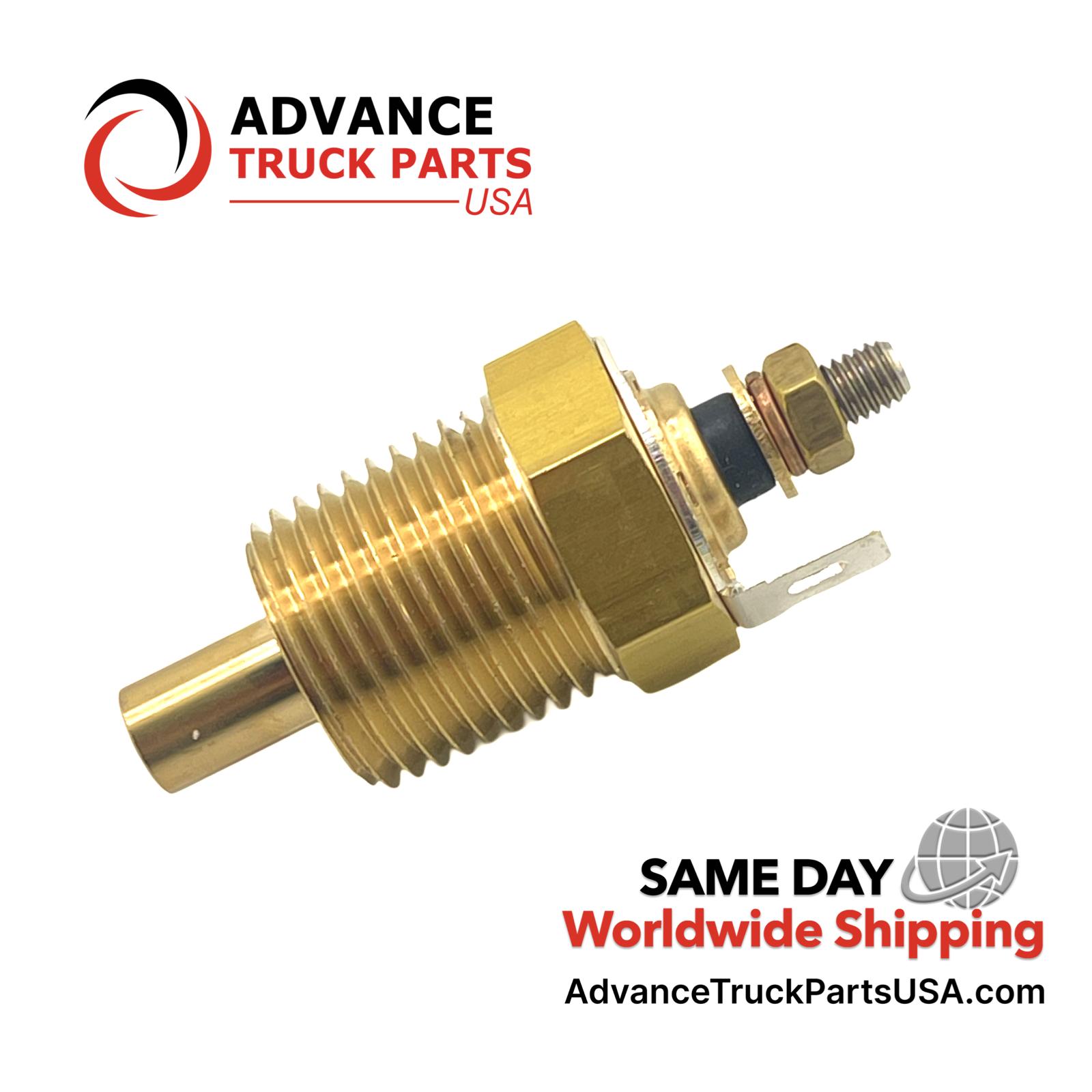 Advance Truck Parts USA branded studio view of the differential temperature sender showing the threaded brass probe