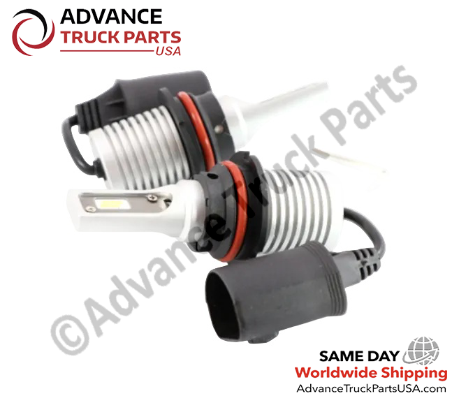 Advance Truck Parts USA 9007 LED headlight bulbs showing an angled studio view of the compact design and wiring connectors 