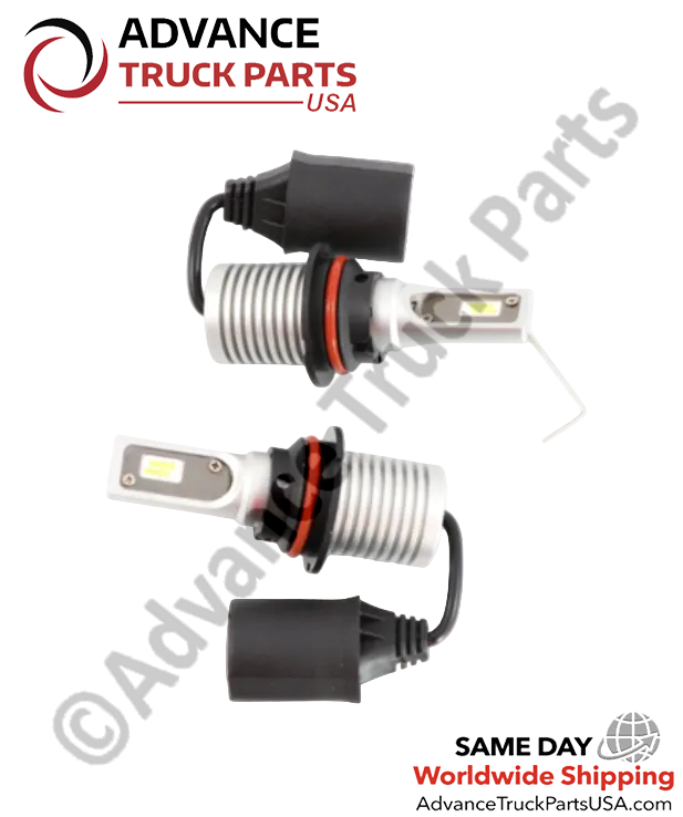Advance Truck Parts USA 9007 LED headlight bulbs displaying a studio perspective of the pair of bulbs on a branded background