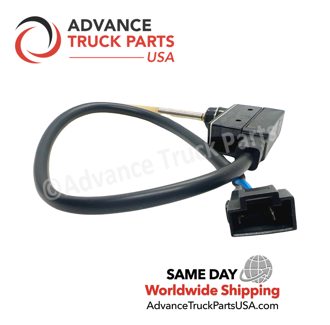 Advance Truck Parts USA Mack clutch switch displaying an angled studio profile highlighting the 2-pin connector and micro switch assembly on a branded background