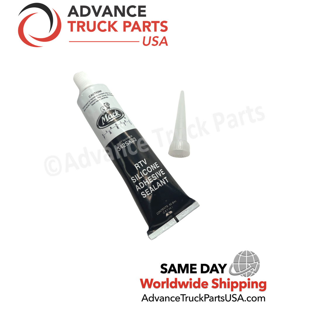 Advance Truck Parts USA studio view of the Mack RTV black silicone adhesive sealant with nozzle