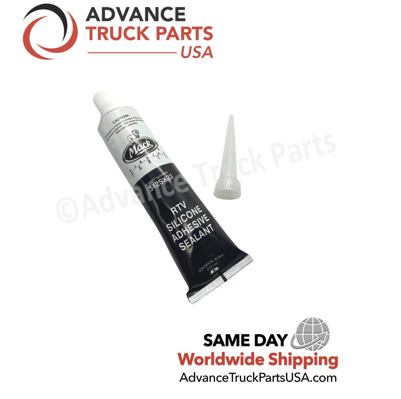 Advance Truck Parts USA studio view of the Mack RTV black silicone adhesive sealant with nozzle