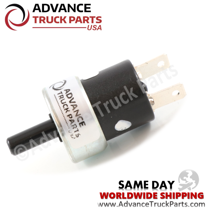 Advance Truck Parts USA branded studio left side angled perspective of the heavy-duty pressure switch highlighting the top air line port and bottom blade terminals for Mack commercial trucks