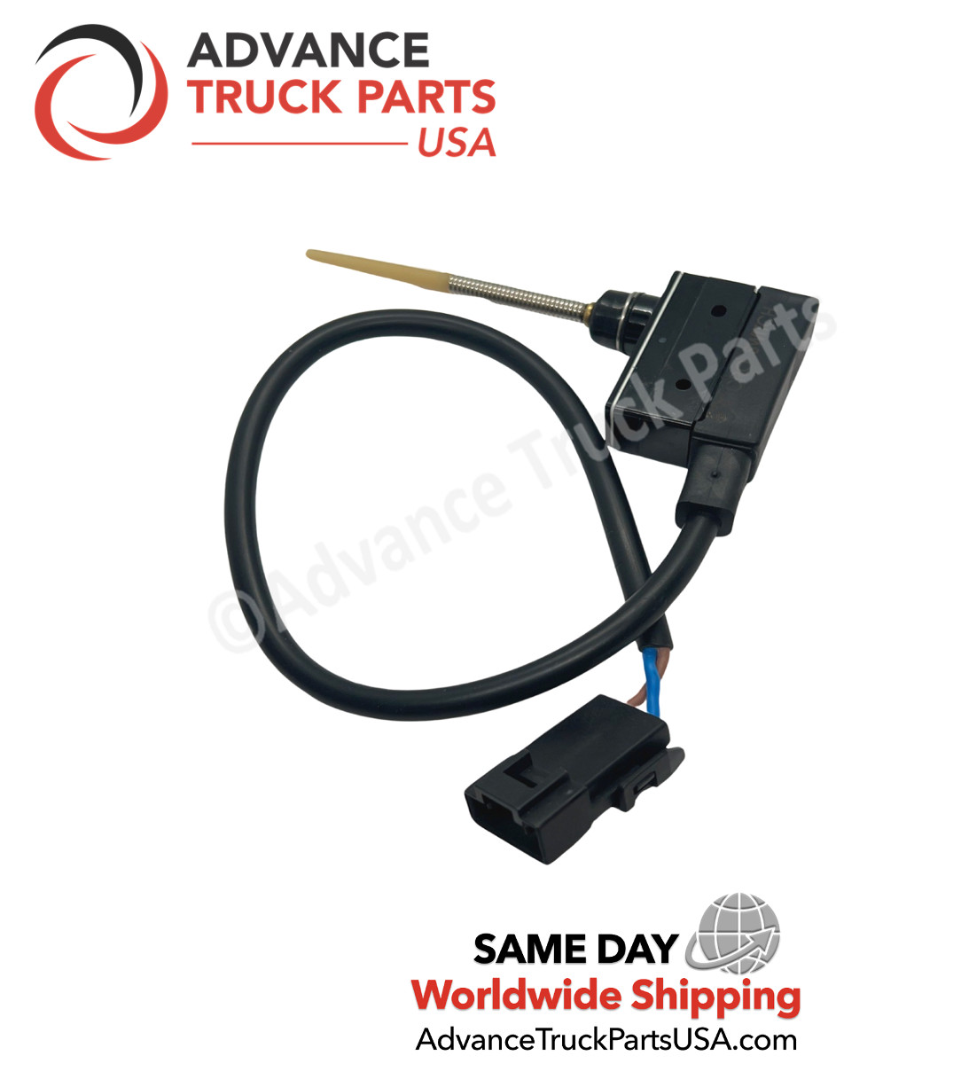 Advance Truck Parts USA Mack trucks clutch switch showing a vertical studio view of the micro switch body, spring plunger, wired lead, and connector on a branded background