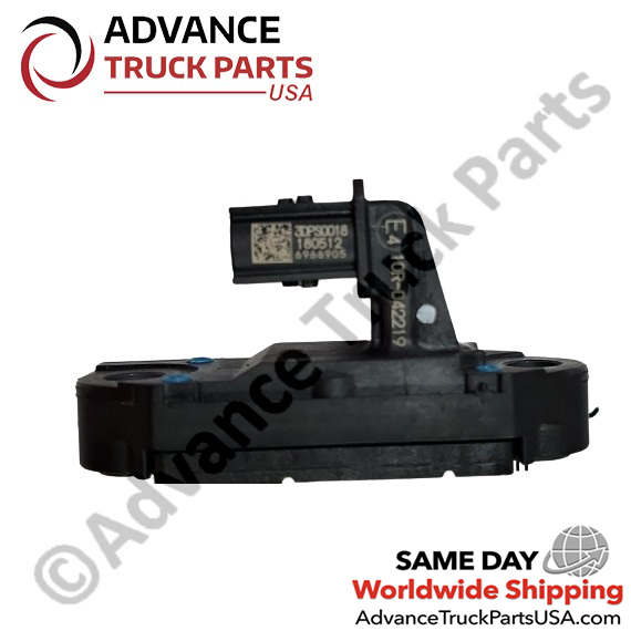 Advance Truck Parts USA branded studio close-up perspective displaying the replacement EGR differential pressure sensor highlighting the port housing and connector