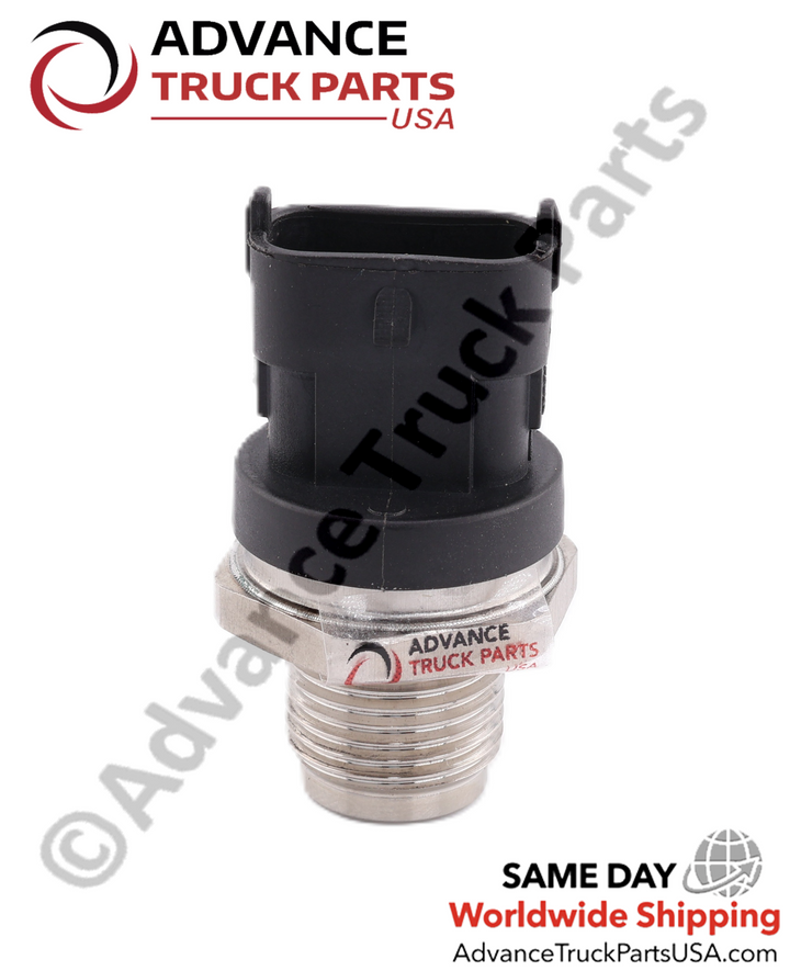 Advance Truck Parts USA branded studio straight-on vertical profile perspective highlighting the black plastic housing, retaining clips, and threaded metallic base of the fuel rail pressure sensor