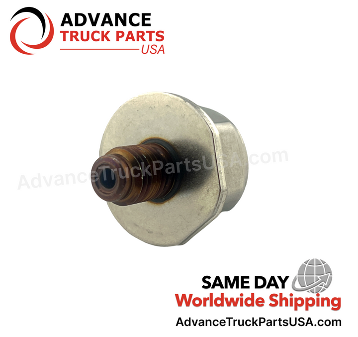 Advance Truck Parts USA International Navistar high pressure sensor highlighting a direct bottom view of the bronze-colored threaded port and flat circular metal mounting base