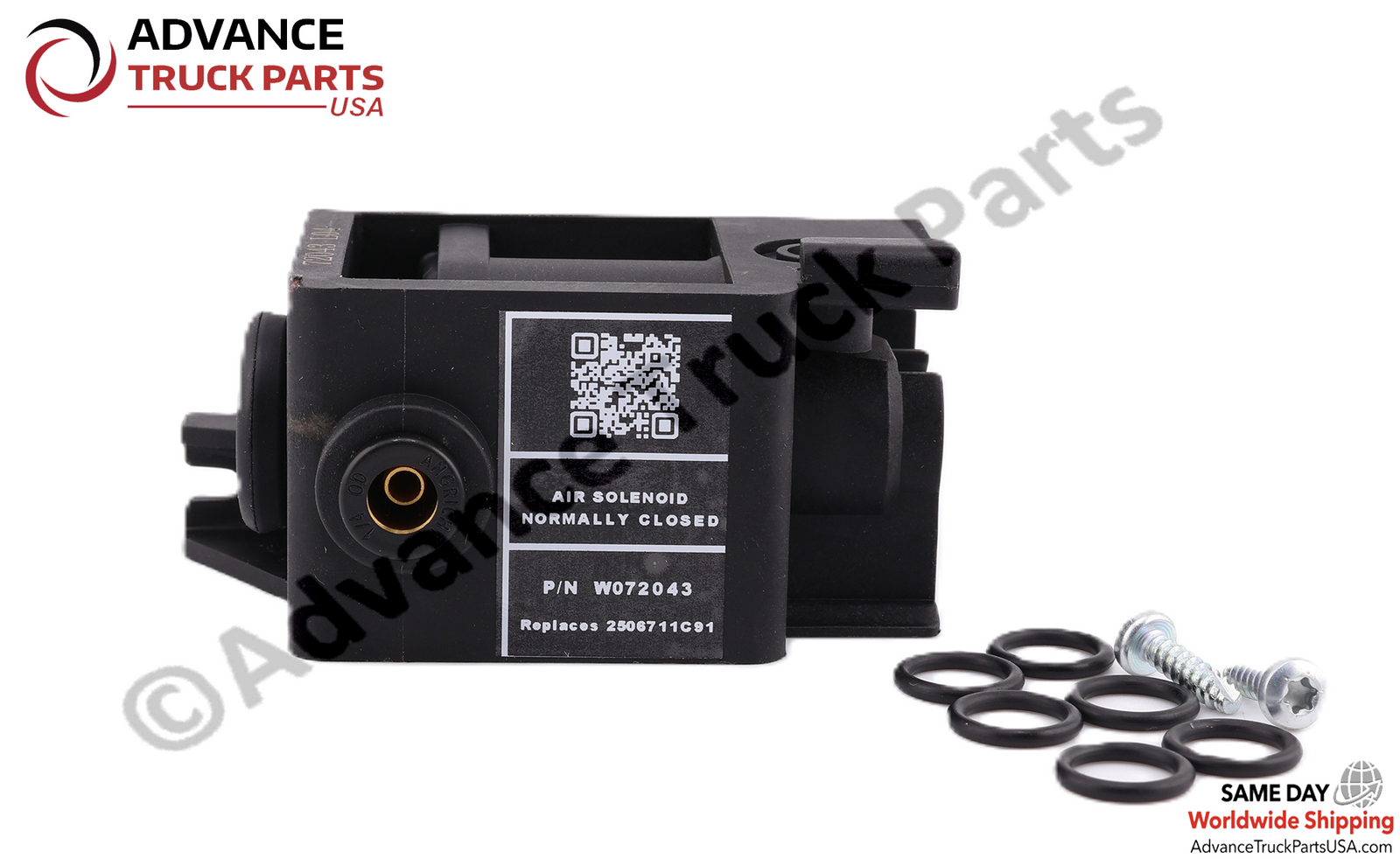 Advance Truck Parts USA branded studio front perspective showcasing the complete normally closed air solenoid replacement kit featuring the black housing with a printed QR code identification label, eight O-rings, and mounting hardware for Navistar International commercial trucks