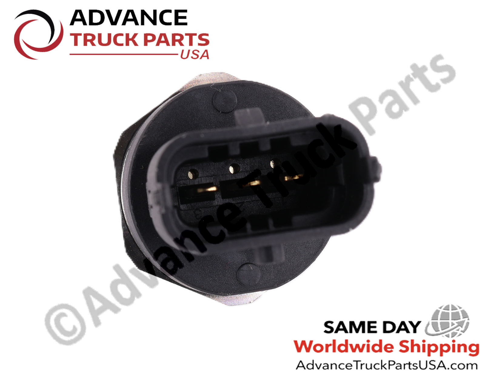 Advance Truck Parts USA branded studio top-down perspective looking into the black oval receptacle, highlighting the three gold-plated connector pins of the fuel rail pressure sensor