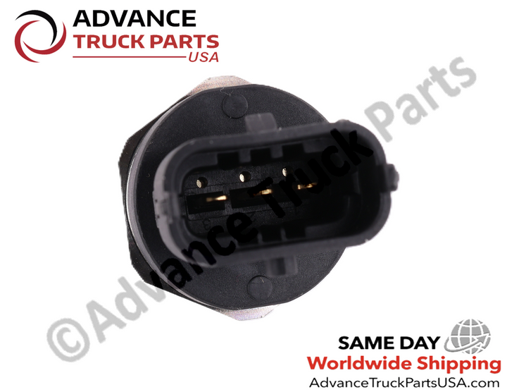 Advance Truck Parts USA branded studio top-down perspective looking into the black oval receptacle, highlighting the three gold-plated connector pins of the fuel rail pressure sensor