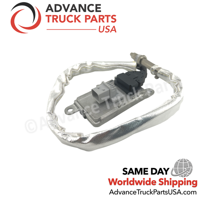 Advance Truck Parts USA Cummins NOx sensor displaying an angled view of the thermal harness loop and connector receptacles