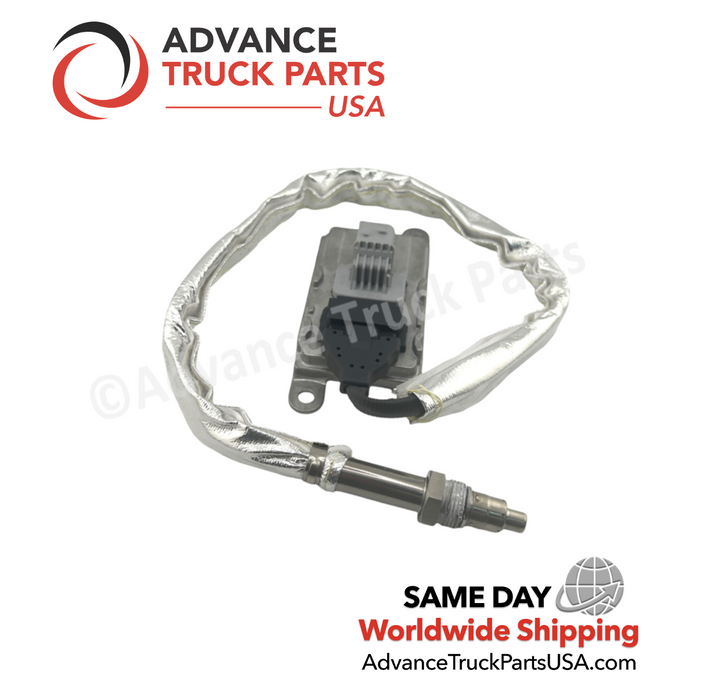 Advance Truck Parts USA Cummins NOx sensor showing the top face profile of the ECU module centered within the looped thermal sleeve