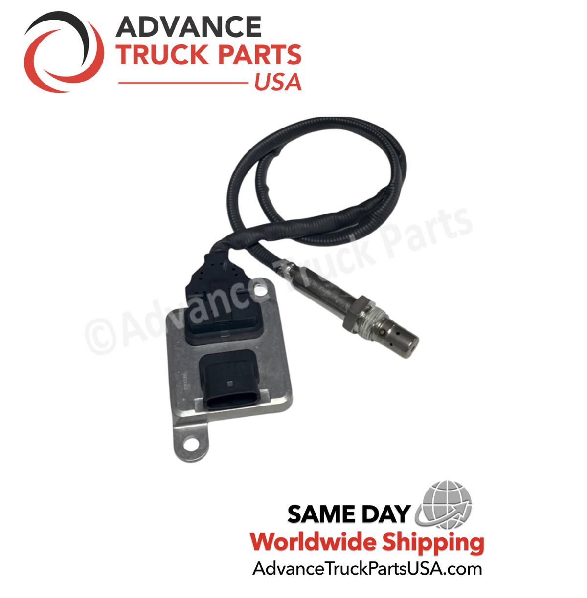Advance Truck Parts USA Cummins NOx sensor showing the complete assembly including threaded probe tip, protective wire conduit, and electronic control module