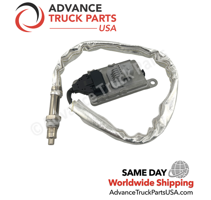 Advance Truck Parts USA Cummins NOx sensor highlighting the threaded metal probe tip alongside the silver thermal insulation routing
