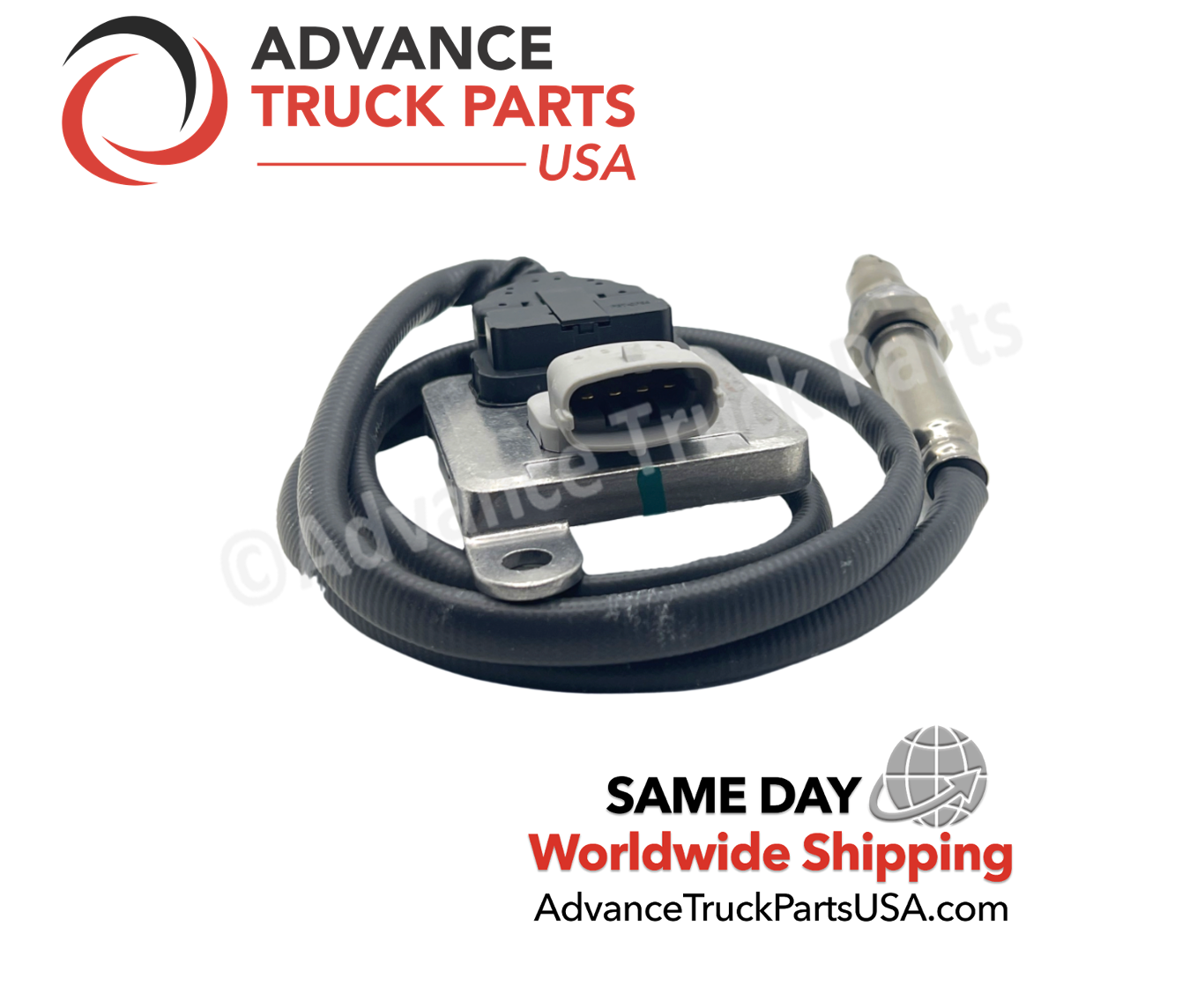 Advance Truck Parts USA NOx sensor displaying a studio view of the electrical connector and wiring assembly