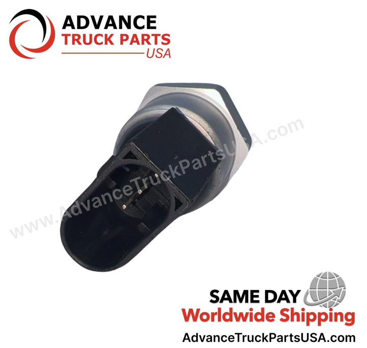 Advance Truck Parts USA Detroit Diesel oil pressure sensor close-up view highlighting the 3-pin oval electrical connector receptacle 
