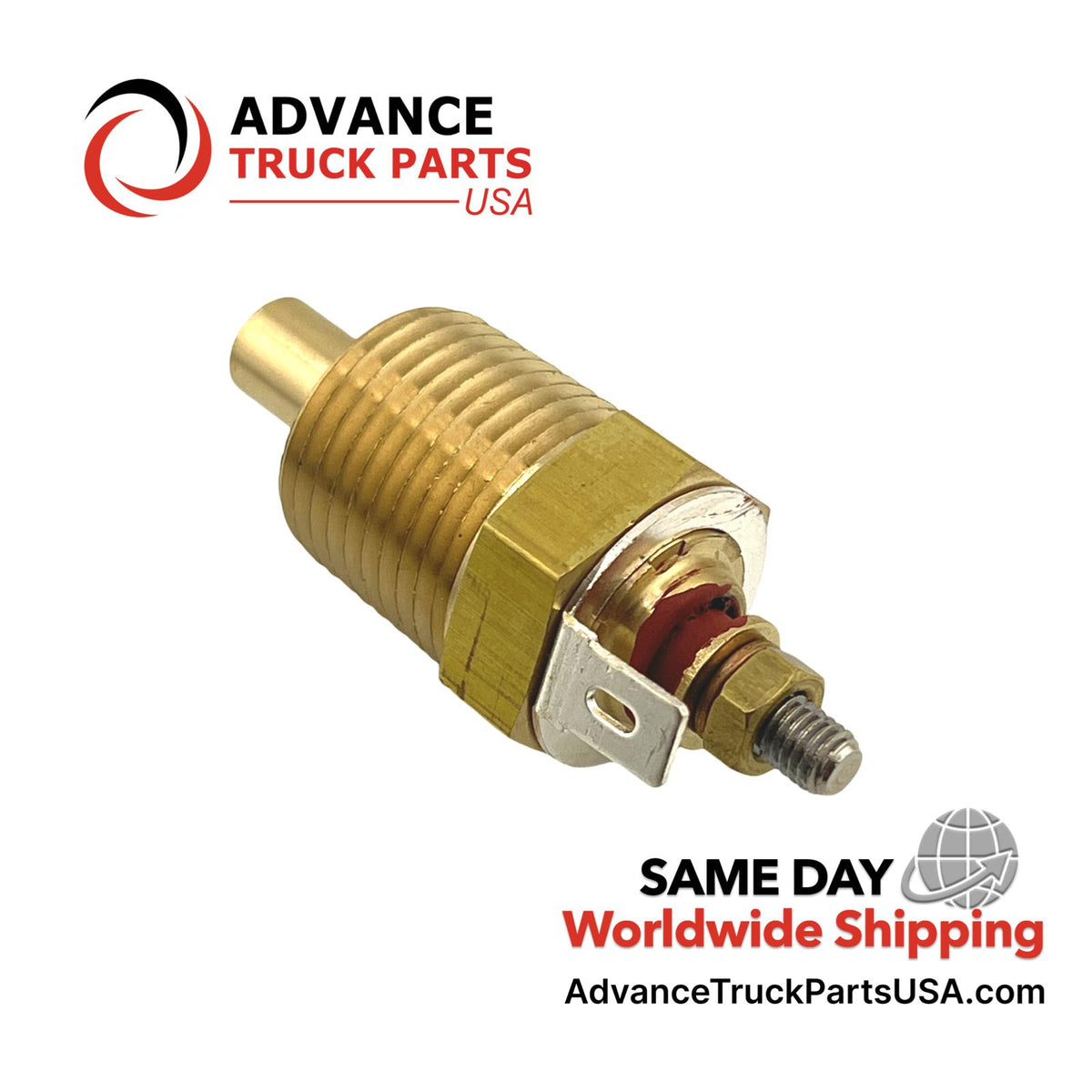 Advance Truck Parts USA transmission oil temperature sender displaying an angled studio perspective of the temperature sender on a branded background
