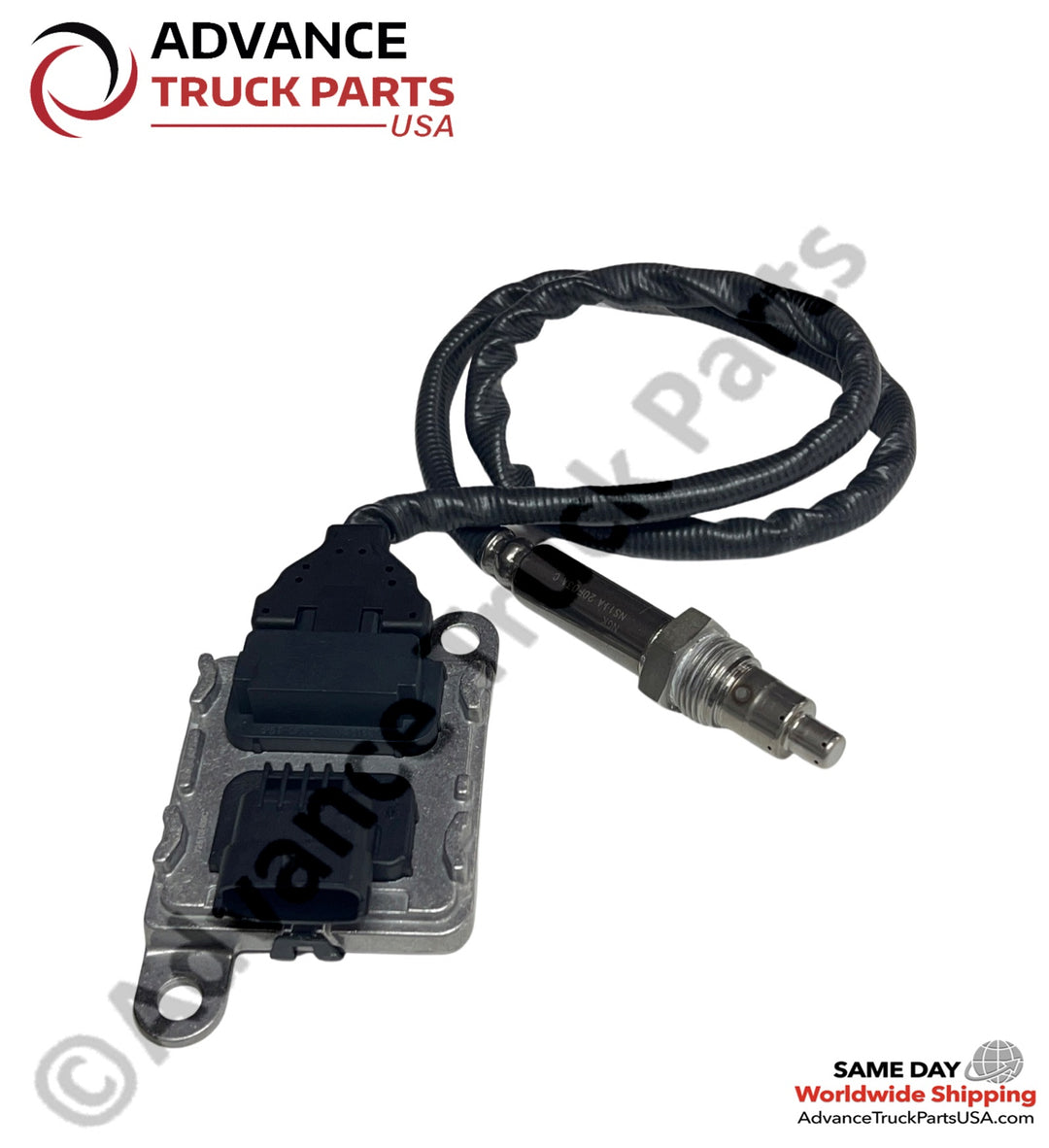 Advance Truck Parts USA branded studio close-up view showing the neatly coiled harness and probe of the NOx sensor