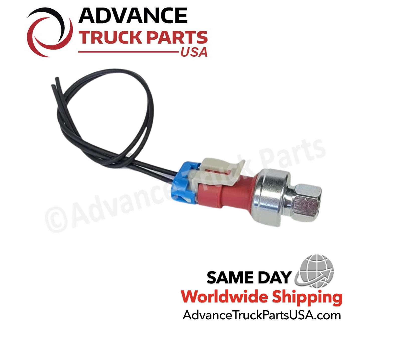 Advance Truck Parts USA ATP P27-1051 high pressure A/C switch with pigtail harness, red connector housing, and metric female threaded fitting on a branded studio background