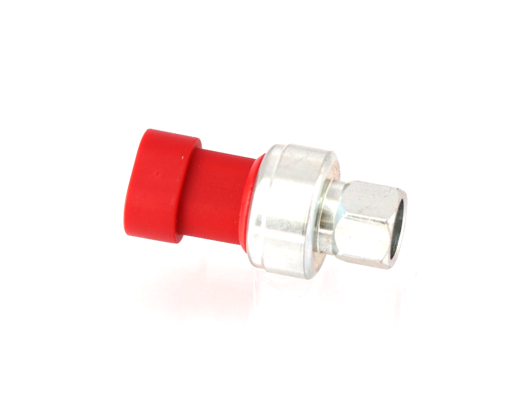Advance Truck Parts USA P27-1051 high pressure A/C switch showing a horizontal profile of the red plastic electrical connector housing and silver metallic body with a female M10-1.25 hex fitting on a plain white background
