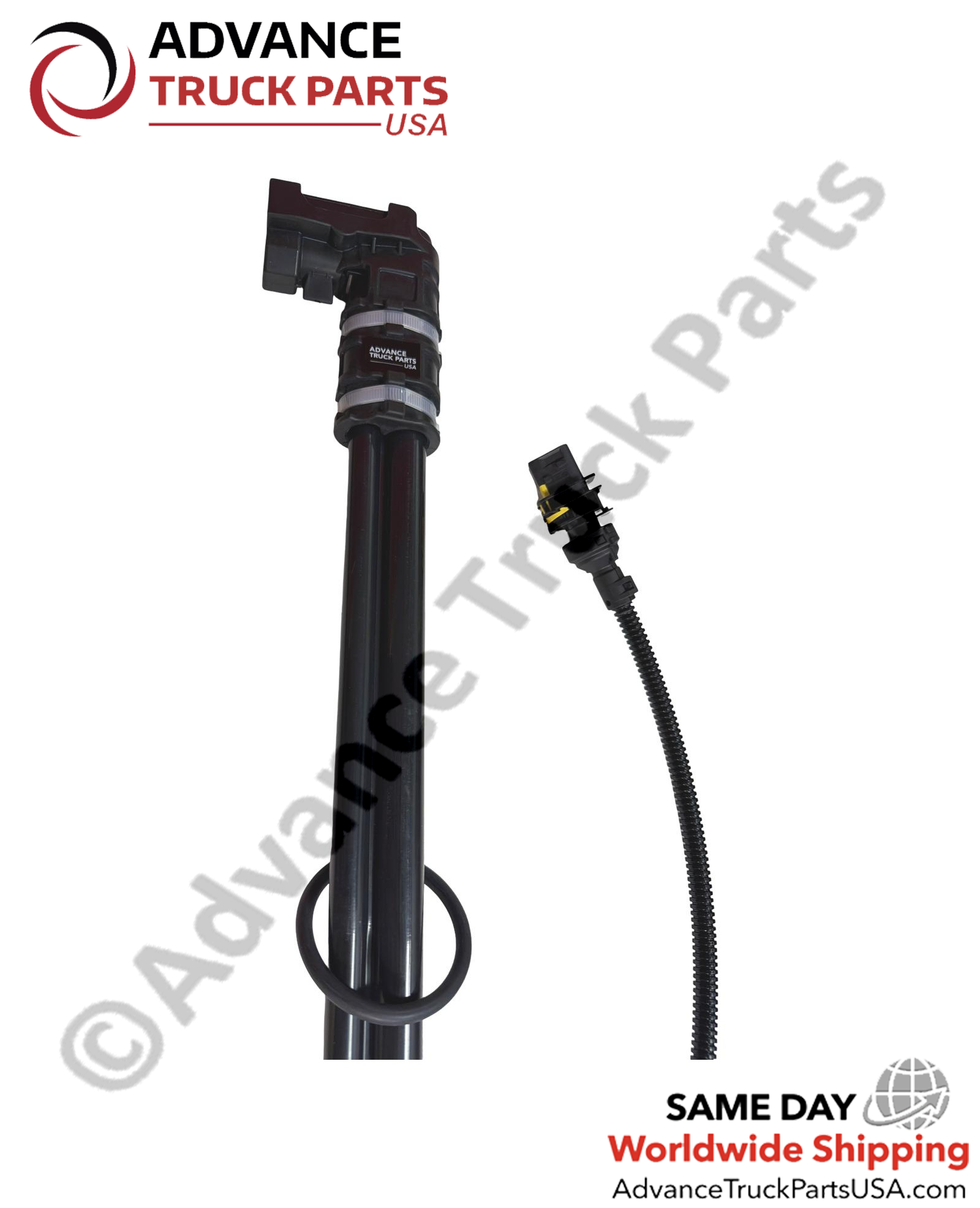 Advance Truck Parts USA branded studio upright front perspective of the heavy-duty 22-inch DEF level and quality sensor for Paccar engine applications