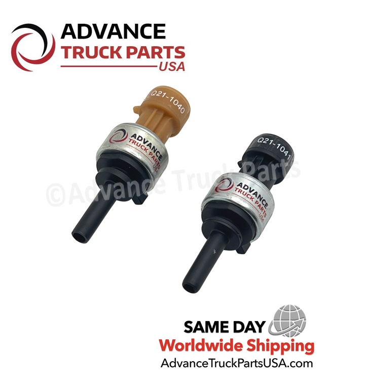Advance Truck Parts USA PACCAR air pressure switch kit displaying an angled studio perspective of both sensors 
