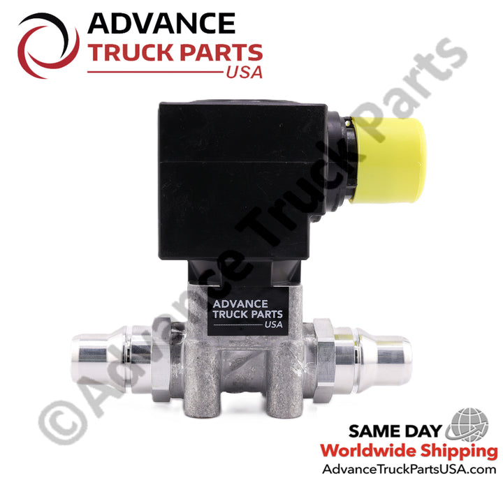 Advance Truck Parts USA branded studio vertical side perspective highlighting the metallic fluid port and black solenoid coil housing of the heavy-duty DEF coolant control valve