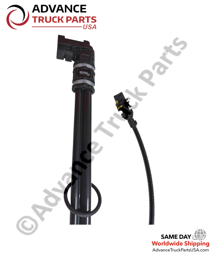 Advance Truck Parts USA branded studio close up perspective showcasing the black mounting head, upper dual tubes, center o-ring, and corrugated wire harness of the heavy-duty DEF quality sensor for Kenworth and Peterbilt commercial trucks