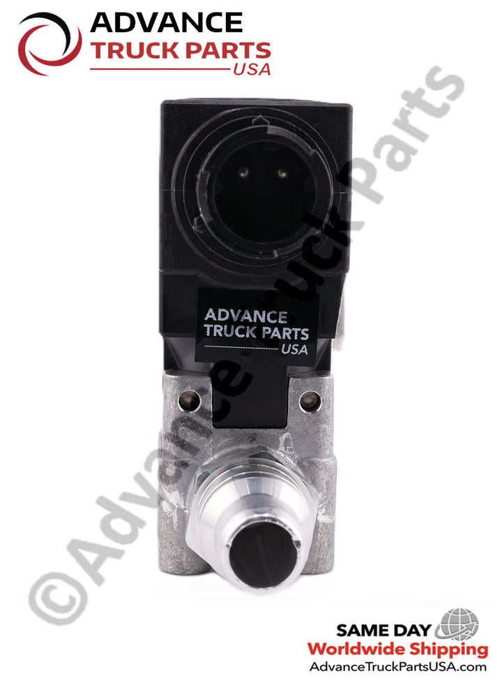 Advance Truck Parts USA branded studio vertical front perspective displaying the internal 2-pin electrical connector socket and metallic fluid port of the replacement DEF heater control solenoid valve