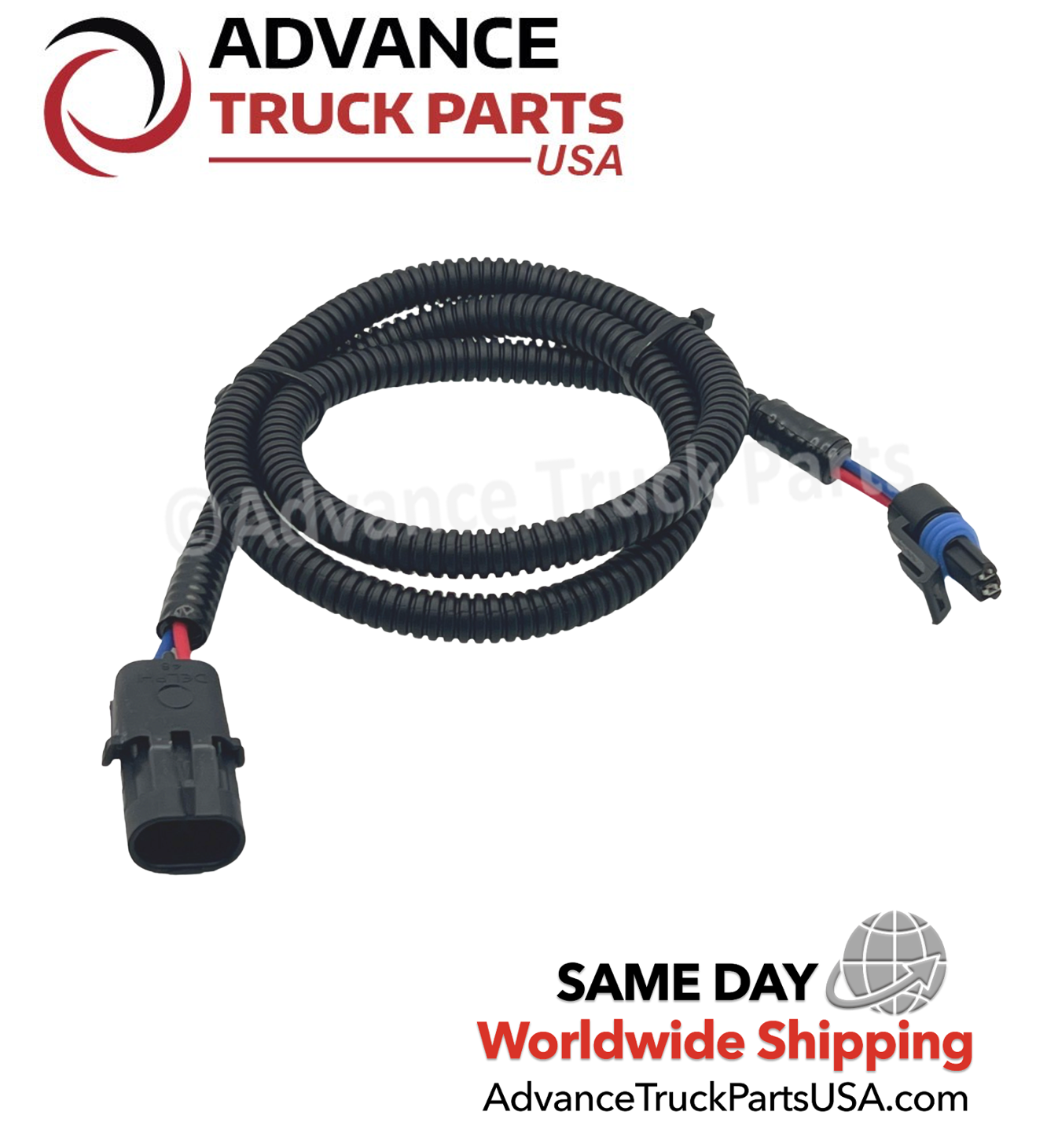 Advance Truck Parts USA Paccar harness extension displaying a studio perspective of the full coiled cable assembly and sealed plug ends on a branded background